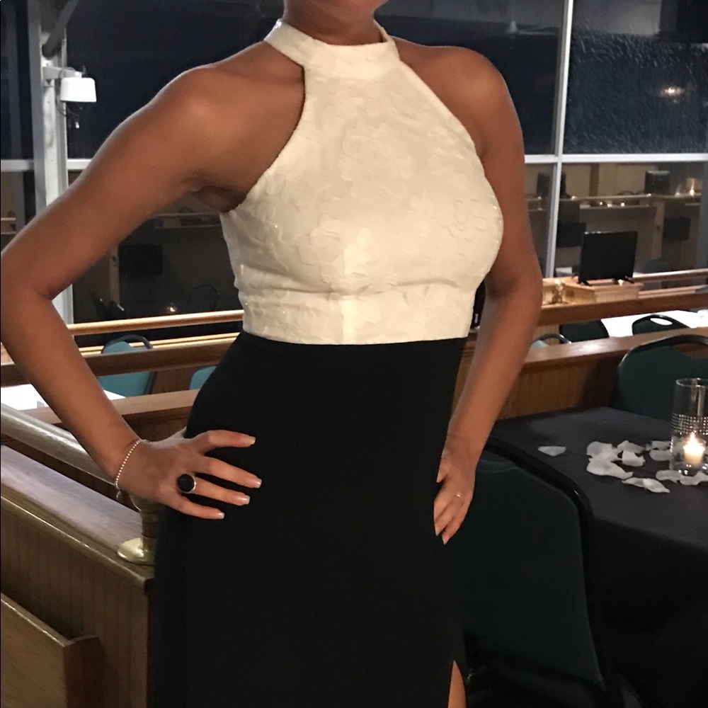 Floral White & Black Gown W/Thigh Slit